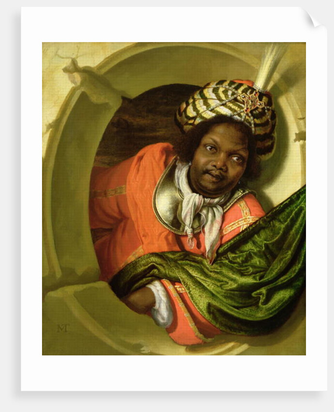 Portrait of a Moor holding a flag at a window by Bartholomaus Maton