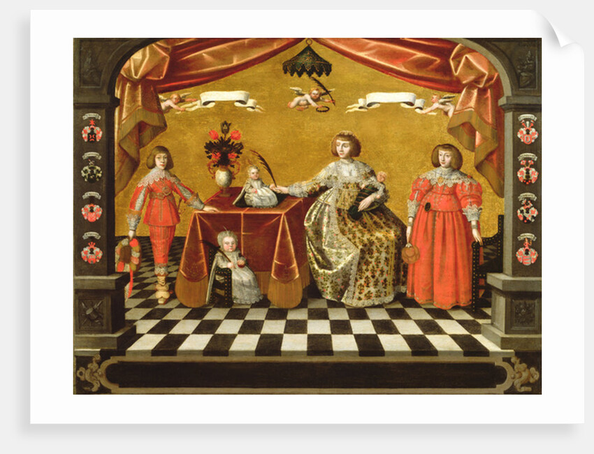 A Family Group Portrait with coats of arms by August Erich