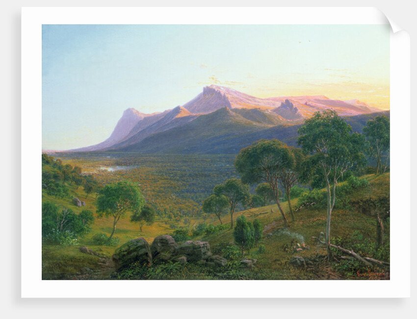 Aborigines by a Fire before Mount William as seen from Mount Dryden in the Grampians, Victoria, 1892 by Eugen von Guerard