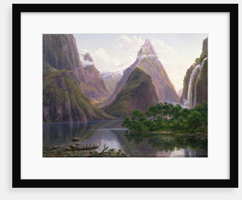 Native figures in a canoe at Milford Sound, West Coast of South Island, New Zealand, also depicted are Mitre Peak and Bowens Fall, 1892 by Eugen von Guerard