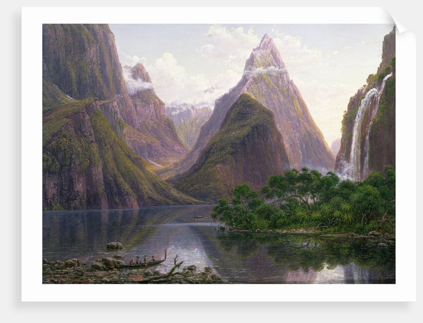 Native figures in a canoe at Milford Sound, West Coast of South Island, New Zealand, also depicted are Mitre Peak and Bowens Fall, 1892 by Eugen von Guerard