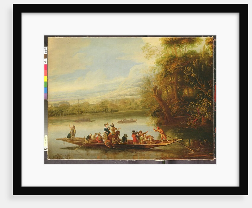 A landscape with a crowded ferry crossing the water in the foreground by Willem Schellinks