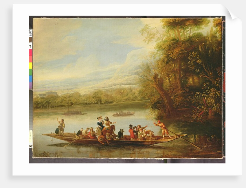 A landscape with a crowded ferry crossing the water in the foreground by Willem Schellinks
