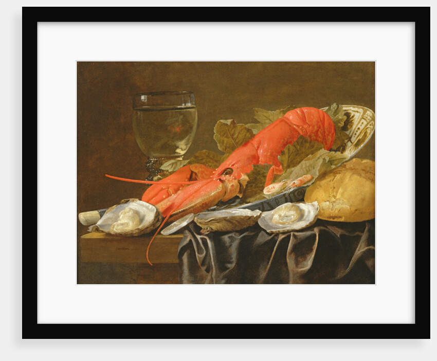 Still life with lobster, shrimp, roemer, oysters and bread by Christiaan Luykx or Luycks