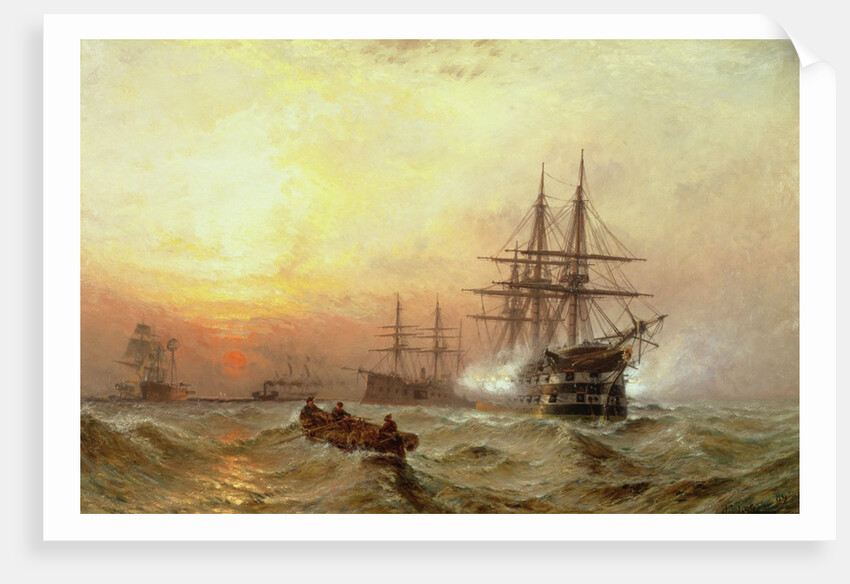 Man-o'-War firing a salute at sunset by Claude T. Stanfield Moore