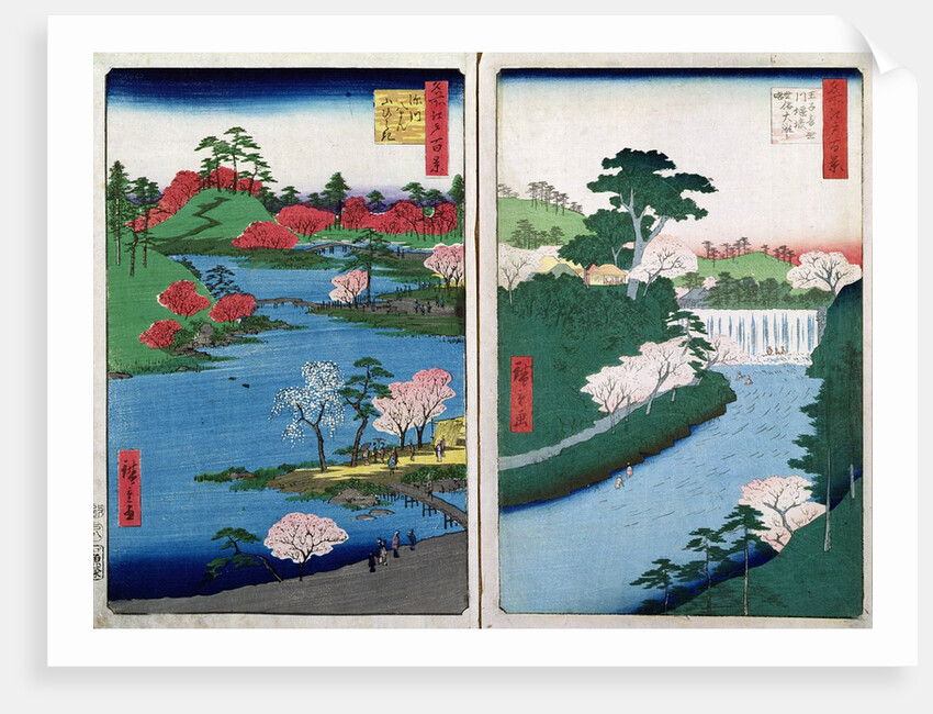 Along the riverbank, two views from '60-Odd Famous Views of the Provinces', pub. by Kosheihei in 1853, by Ando or Utagawa Hiroshige