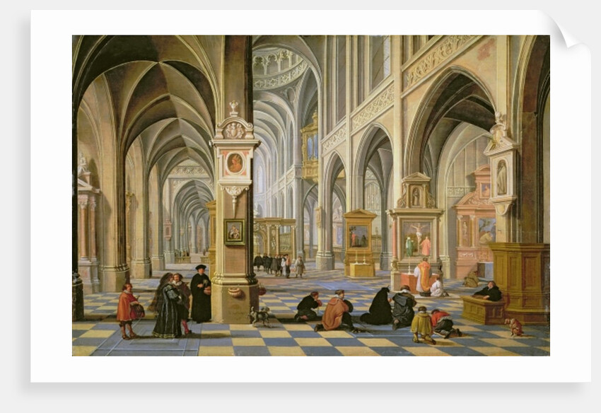 Church interior, with people at prayer in the foreground and a small procession in the main aisle by Bartolomeus van Bassen