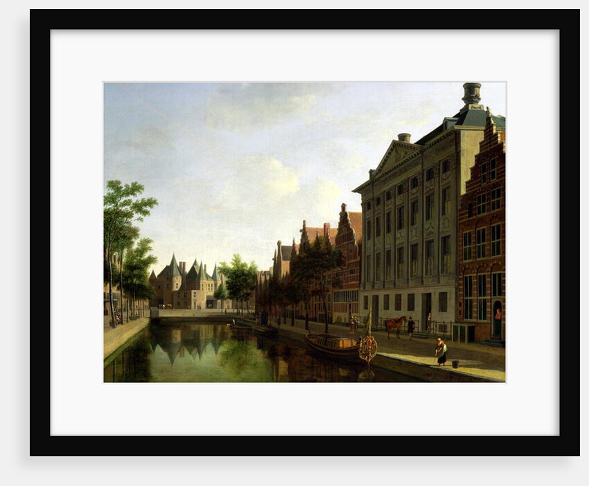 View of the Kloveniersburgwal in Amsterdam, with the Waag, and barge moored in the front of Trippenhuis to the right, 1685 by Gerrit Adriaensz Berckheyde