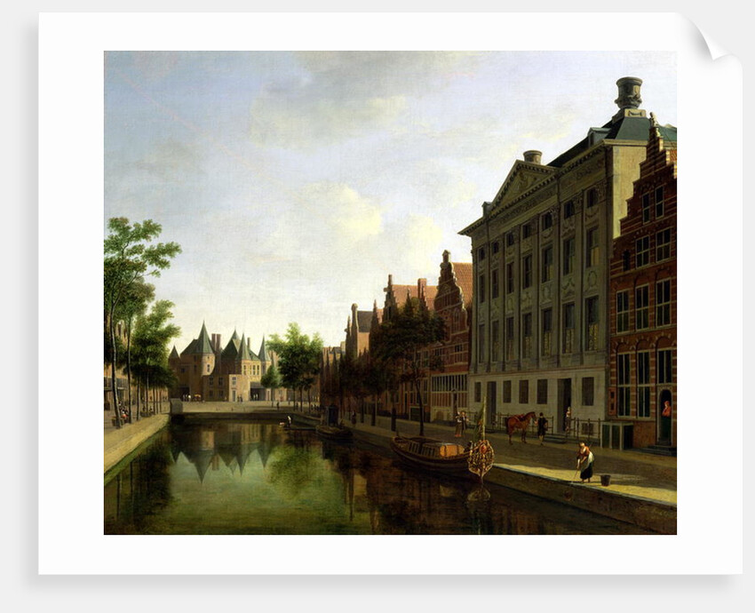 View of the Kloveniersburgwal in Amsterdam, with the Waag, and barge moored in the front of Trippenhuis to the right, 1685 by Gerrit Adriaensz Berckheyde