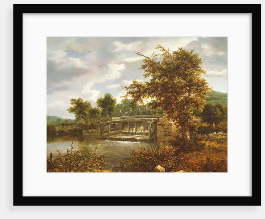A wooded river landscape with a sluice gate by Jacob Isaaksz. or Isaacksz. van Ruisdael