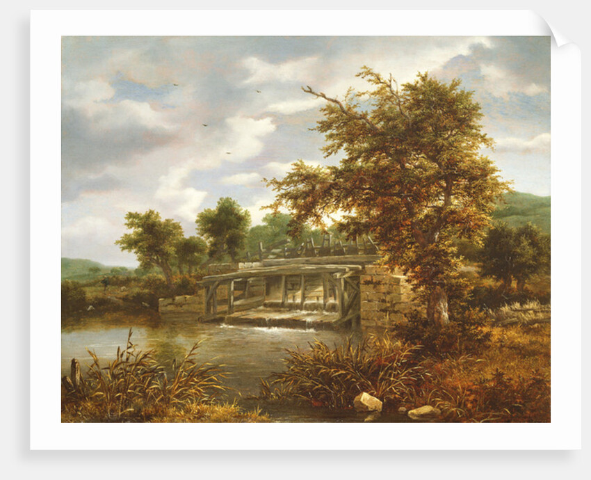 A wooded river landscape with a sluice gate by Jacob Isaaksz. or Isaacksz. van Ruisdael