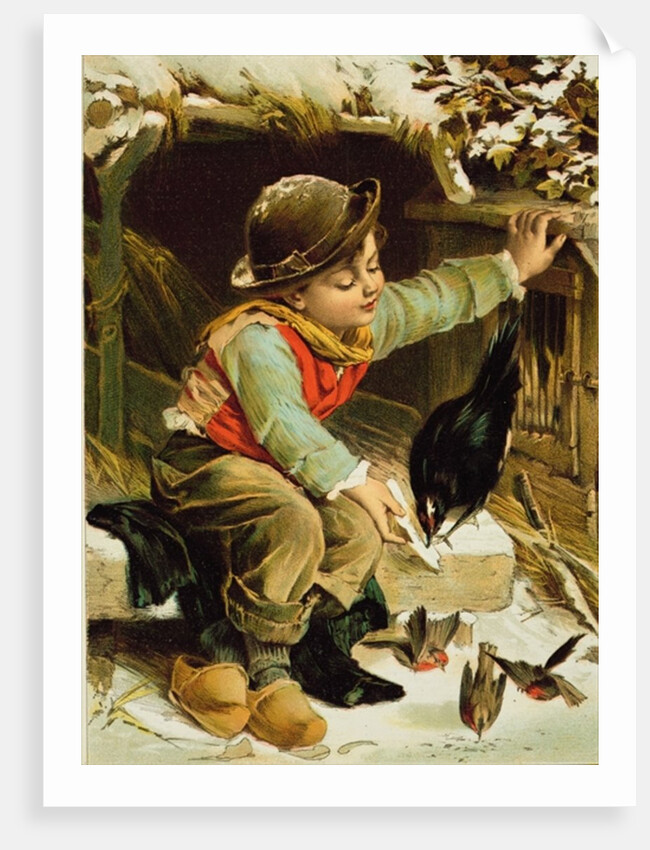 Young Boy with Birds in the Snow by English School