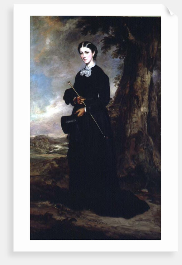 Young woman wearing a black riding habit and standing in a landscape by Francis Grant