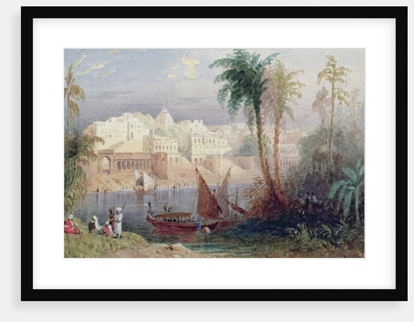 A View of an Indian city beside a river, with boats on the river and figures in the foreground by Thomas Allom