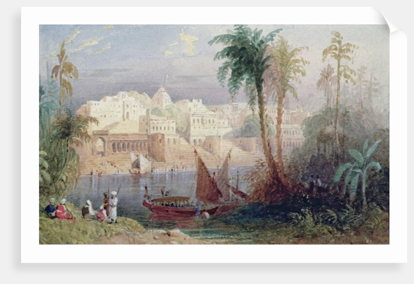 A View of an Indian city beside a river, with boats on the river and figures in the foreground by Thomas Allom
