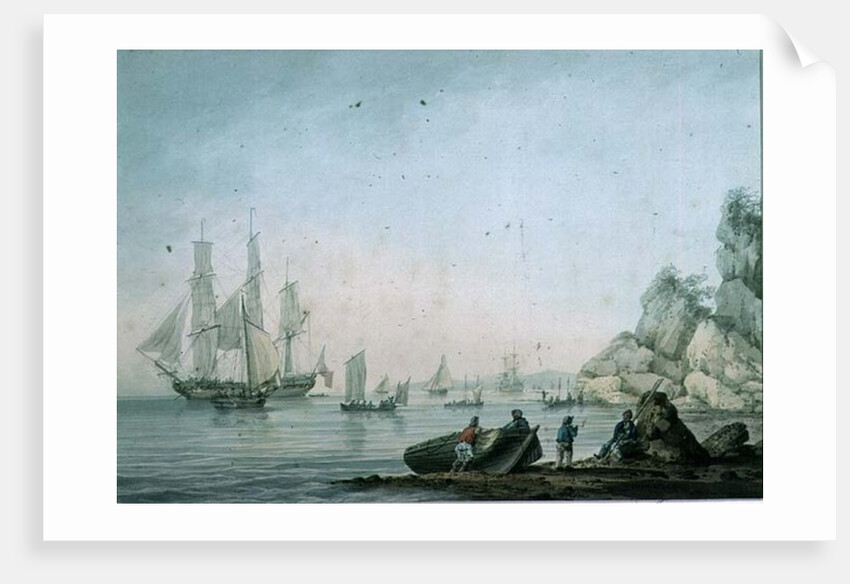 Marine View, with boat and figures on a shore by Samuel Atkins