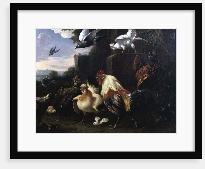 A cockerel and other fowl in a landscape by Melchior de Hondecoeter