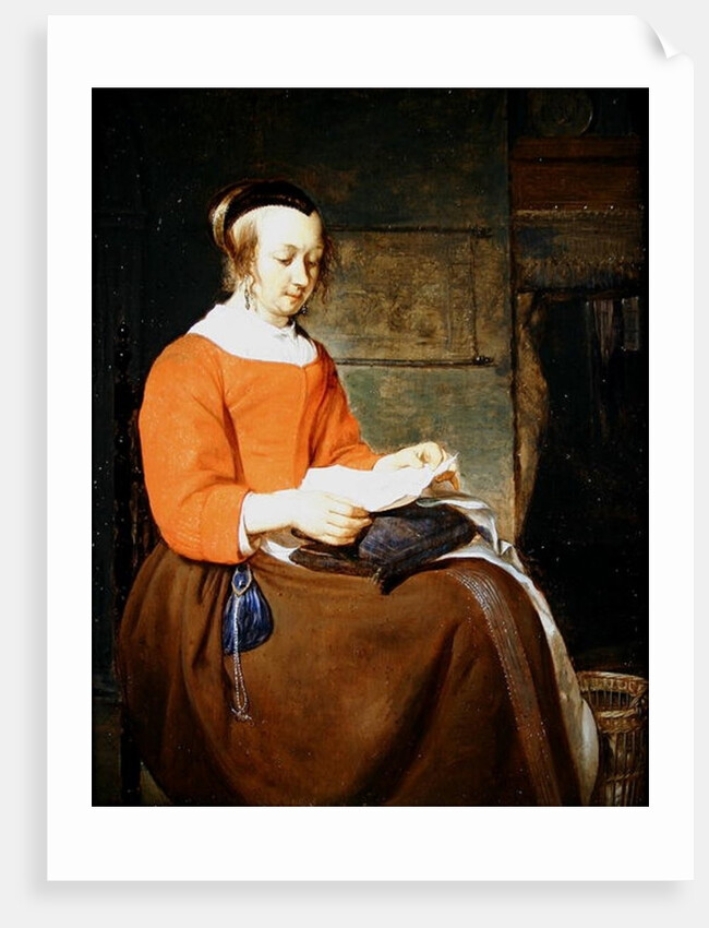 A young woman seated in an interior, reading a letter by Gabriel Metsu