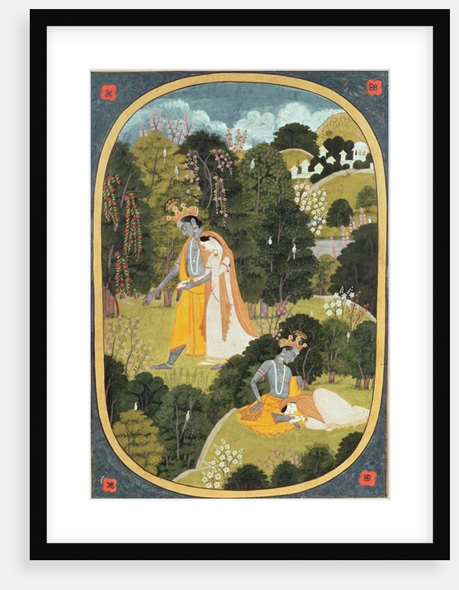 Radha and Krishna walking in a grove, Kangra, Himachal Pradesh, 1820-25 by School Pahari