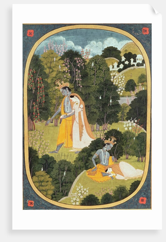 Radha and Krishna walking in a grove, Kangra, Himachal Pradesh, 1820-25 by School Pahari