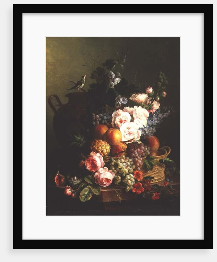 Still Life of Fruits and Flowers in a Wicker Basket on a Ledge. by Cornelis van Spaendonck