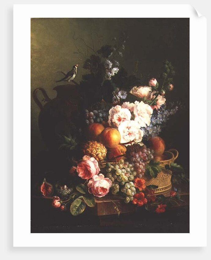 Still Life of Fruits and Flowers in a Wicker Basket on a Ledge. by Cornelis van Spaendonck