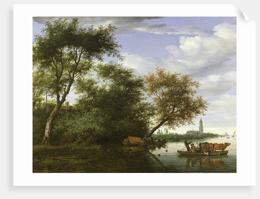 Wooded river landscape with figures and cattle on a ferryboat by Salomon van Ruisdael or Ruysdael