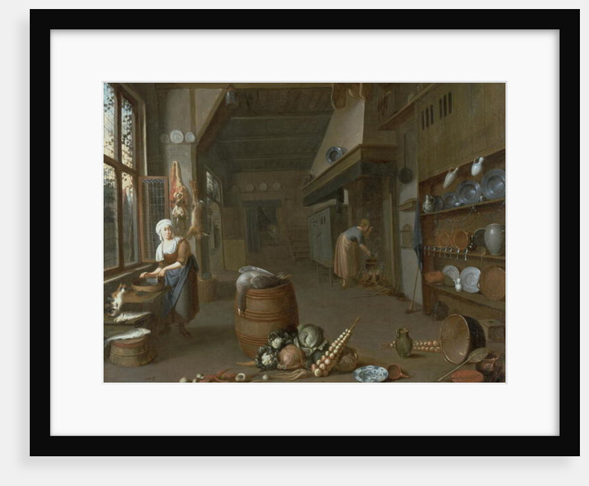 Kitchen interior with two maids preparing food by Gillis de Winter