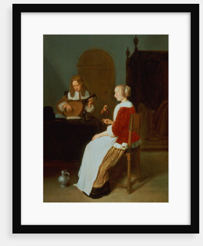 An interior with a lute player and a woman holding a parrot by Quiringh Gerritsz. van Brekelenkam