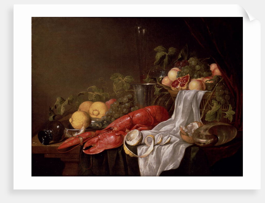 Still life of fruit and a lobster on a cloth-draped table by Jasper Geerards