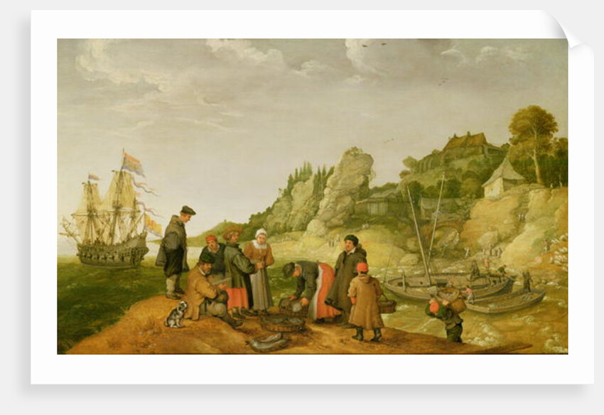 Fisherman unloading and selling their catch on a rocky shoreline by Adam Willaerts