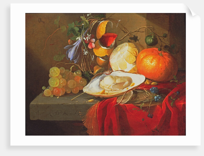 An oyster, a glass of wine and fruit on a table covered with a red velvet drape by Elias van den Broeck