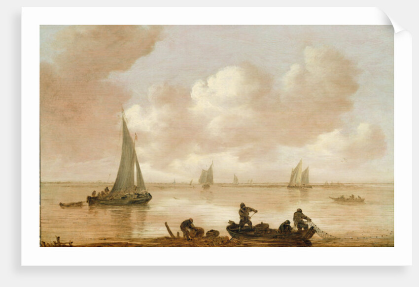 An estuary with fisherman hauling in their nets by Jan Josephsz van Goyen