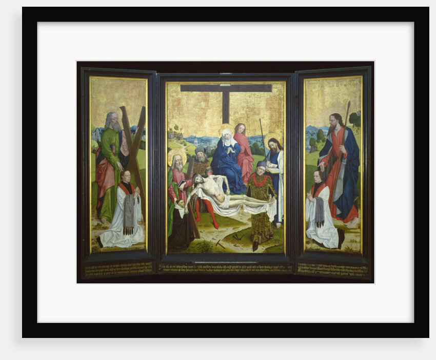 Altarpiece with a pieta and donors in centre panel; St. Andrew and St. John on the side panel, c.1480-90 by Master of the Life of Virgin Mary