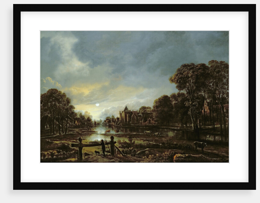 Moonlit River Landscape with Cottages on the Wooded Banks by Aert van der Neer