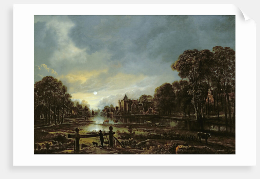 Moonlit River Landscape with Cottages on the Wooded Banks by Aert van der Neer