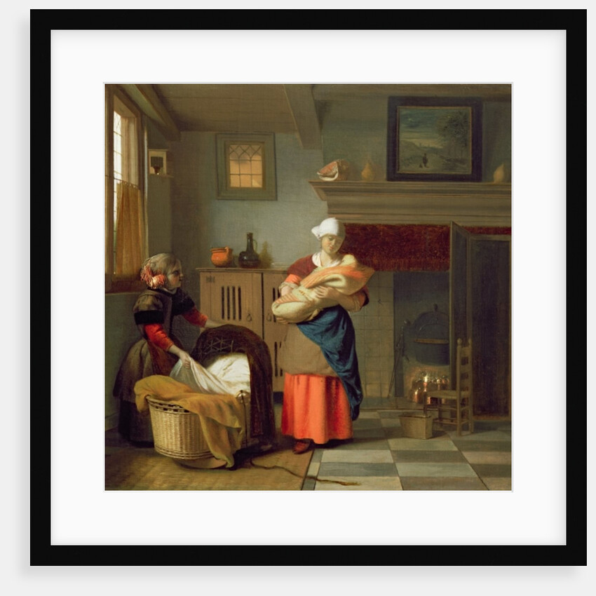 Nursemaid with baby in an interior and a young girl preparing the cradle by Pieter de Hooch