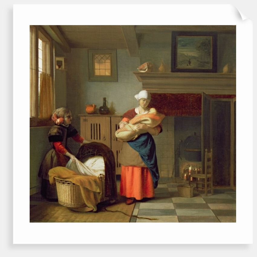 Nursemaid with baby in an interior and a young girl preparing the cradle by Pieter de Hooch