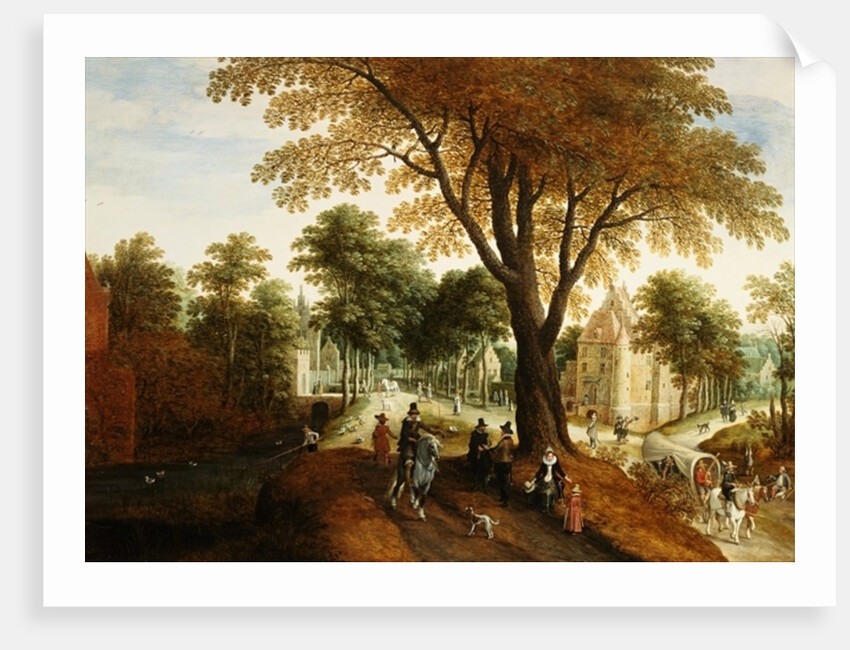 Elegant Horsemen and figures on a path in front of a chateau by Sebastian Vrancx