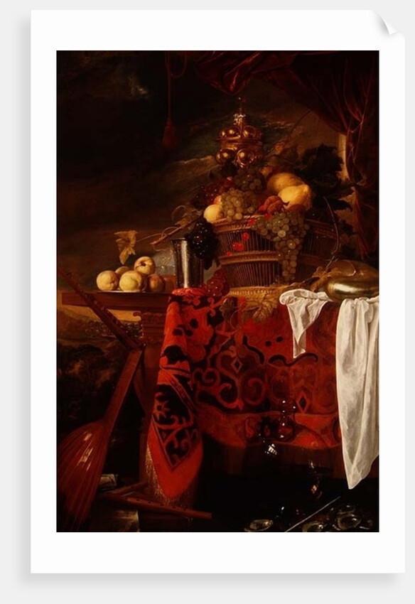 A Basket of Mixed Fruit with Gilt Cup, Silver Chalice, Nautilus, Glass and Peaches on a Plate by Jan Davidsz de Heem
