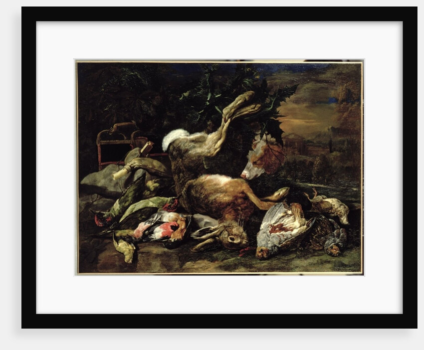 Still Life with a Hare, Song Birds and a Bird Net with a Spaniel Beyond by Jan Fyt