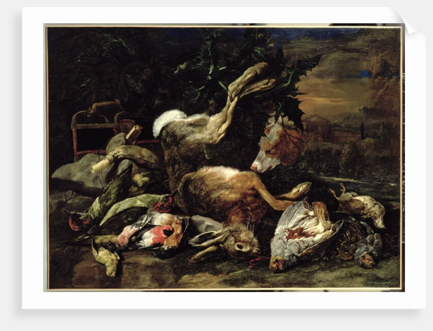 Still Life with a Hare, Song Birds and a Bird Net with a Spaniel Beyond by Jan Fyt