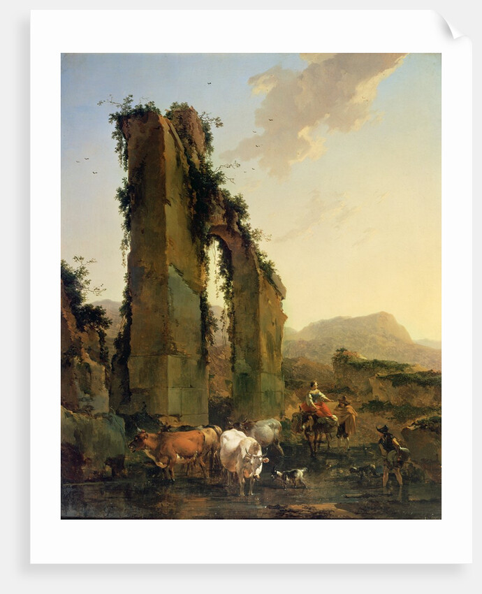 Peasants with Four Oxen and a Goat at a Ford by a Ruined Aqueduct, c.1655-60 by Nicolaes Pietersz. Berchem