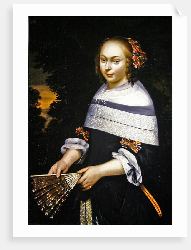 A portrait of a young girl holding a fan, a landscape beyond, c.1650 by Friesian School