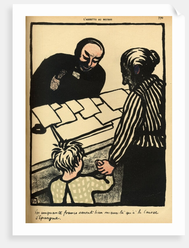 A woman and child hand over their savings to the priest by Felix Edouard Vallotton