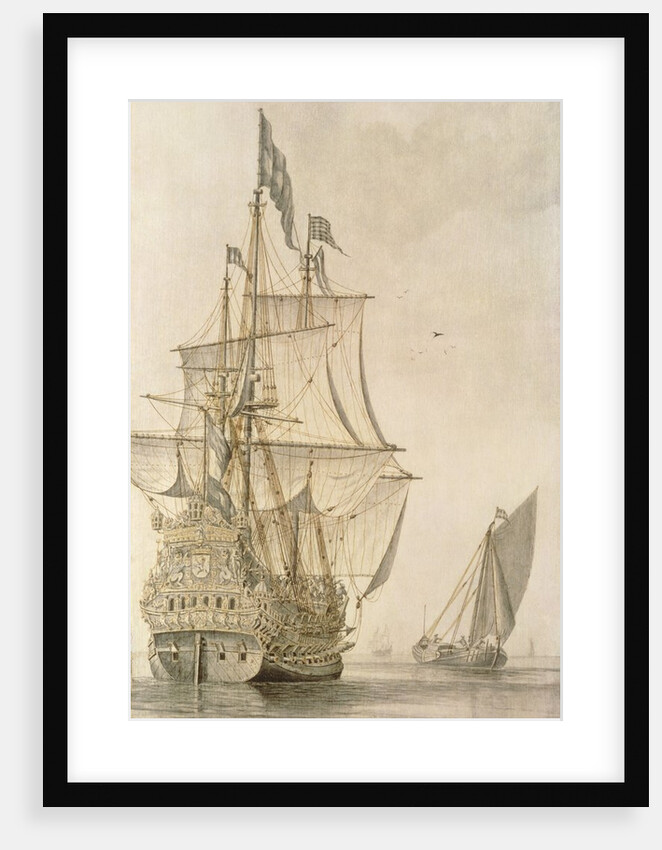 A Man-o'-war under sail seen from the stern with a boeiler nearby by Cornelius Bouwmeester