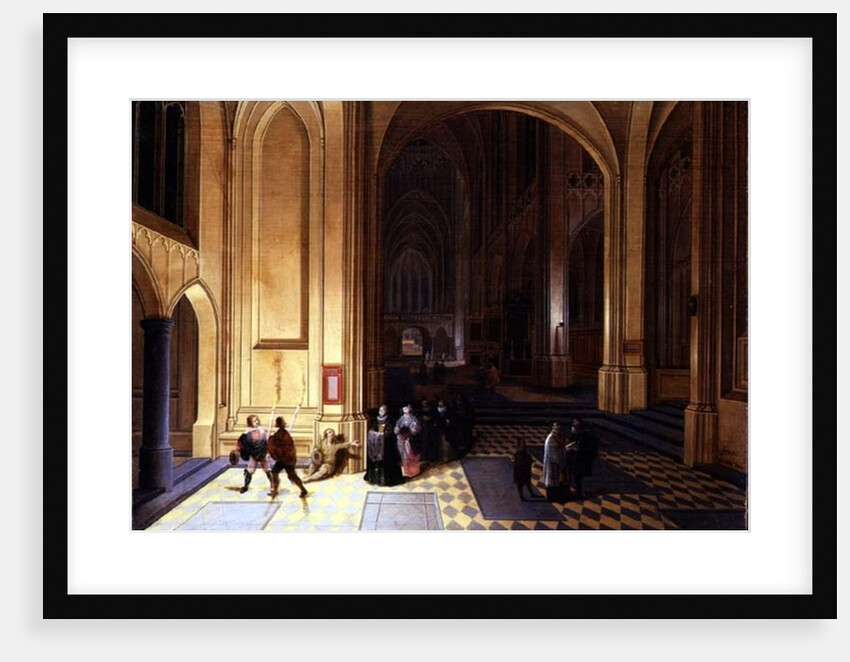 Interior of a cathedral with a beggar and other figures by Pieter the Elder Neeffs