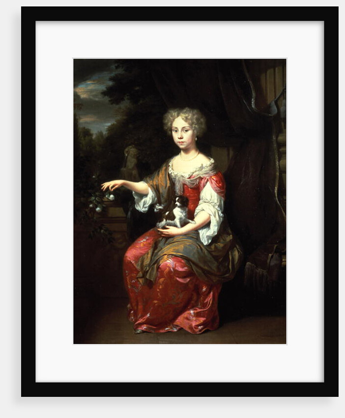 Portrait of a Lady holding her pet King Charles Spaniel by Jan Verkolje