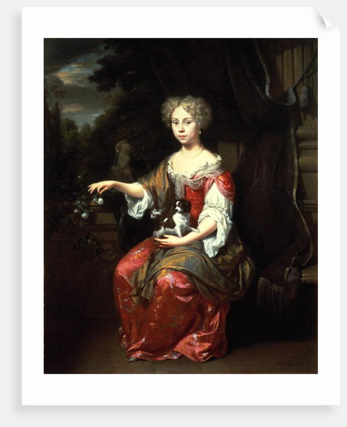 Portrait of a Lady holding her pet King Charles Spaniel by Jan Verkolje