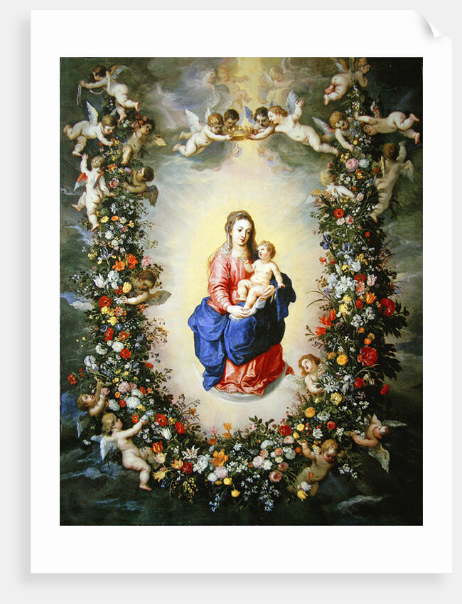 The Virgin and Child encircled by a garland of flowers held aloft by cherubs, c.1624 by Jan & Balen Hendrik van Brueghel
